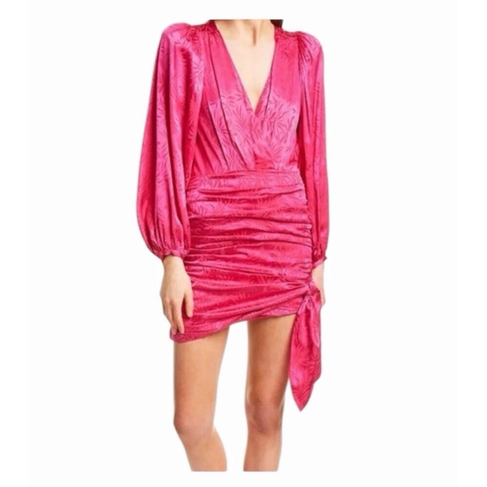 Ronny Kobo Giorgia Dress Fuchsia Satin Ruched Mini Long Sleeve Party NWT Small